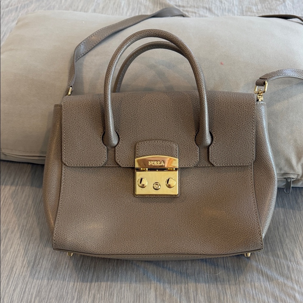 Furla Taupe Satchel with Gold Accents